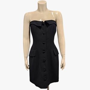 Vtg 90s Y2K DKNY Donna Karan Black Wool Strapless Tuxedo Sheath Dress 8/10